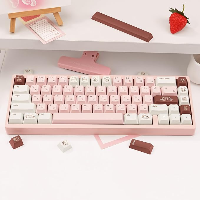 Milk Strawberry Cute Pink Keycaps, 134 Keys PBT Dye-Sublimation Keycaps, Cherry Profile Japanese Keycap, Compatible with 60% 65% 75% 80% 100% Mechanical Keyboard