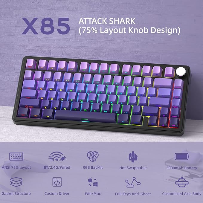 Yindiao Attack Shark X85 Wireless Mechanical Keyboard, TKL 82 Keys Bluetooth 5.0/2.4GHz/Wired Gaming Keyboard,Gasket Structure,Knob,RGB Hot Swappable Custom Keyboard for PC/Mac/PS4/Xbox(Purple)