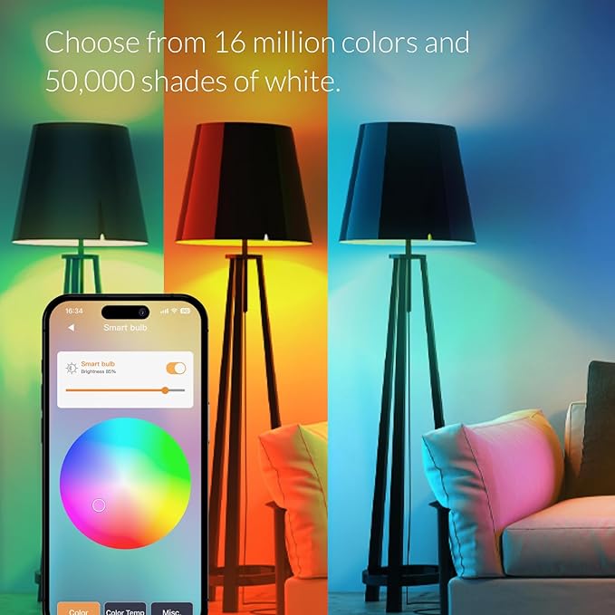 ERIA Colors and White A19 Dimmable CRI 90+ Smart Bulb Works with Hue*, SmartThings, HA, Amazon Echo (4th Gen), Alexa, HA, Google Assistant (2-Pack)