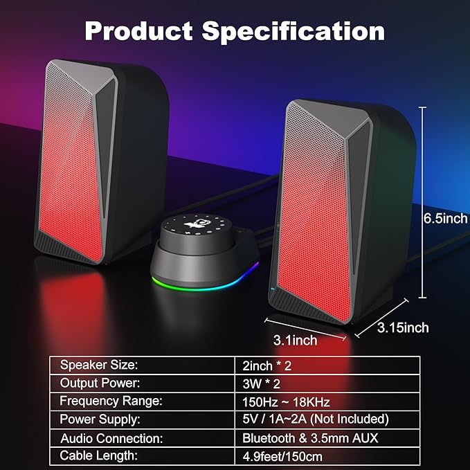SOULION C30 Bluetooth Computer Speakers, USB Powered & 3.5 mm AUX PC Speakers with Easy-Control Pod, Gaming Speakers with Pulsing & LED Flame Lights for Monitor Laotop Desktop, Black
