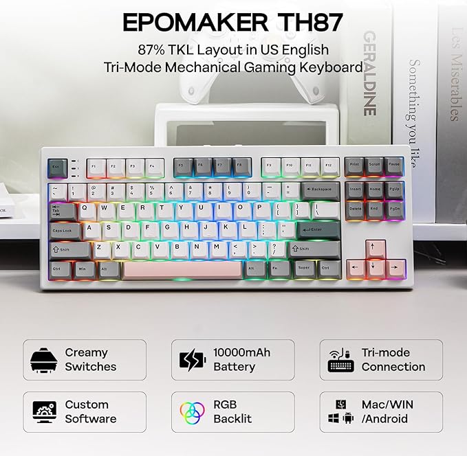 EPOMAKER TH87 Wireless Mechanical Keyboard with 10000mAh Battery, BT/2.4GHz/Wired, Hot Swappable Custom, PBT Keycap, RGB Backlit, Gasket, TKL Gaming Keyboard for PC/Mac (Creamy Jade Switch)