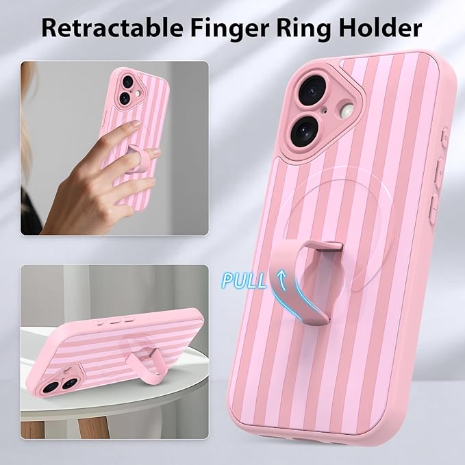 KANGHAR Compatible with iPhone 17 Case, Support for MagSafe, Silicone Stripes Cute Pattern, Wristband Kickstand Camera Protection Soft Slim Cover for Girls Women -Pink
