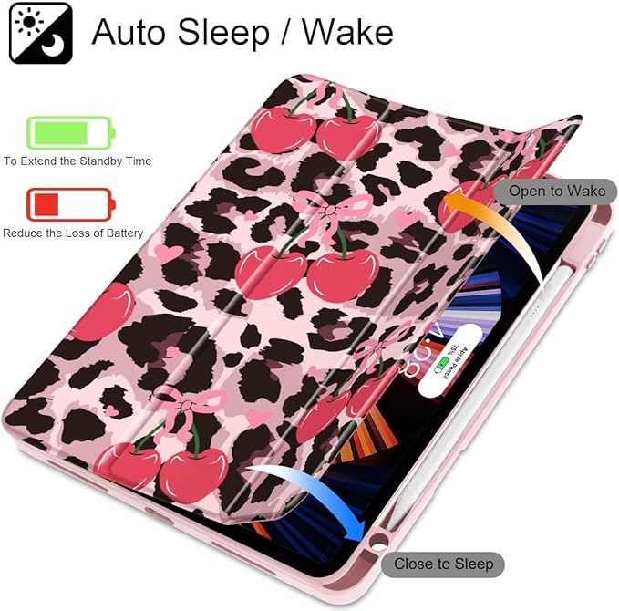 Mektron Case for iPad Pro 11 inch Case M2 2022 Generation 4th, Fit 2021 2020 2018 iPad Pro 11" (3rd, 2nd & 1st Gen) -Buit in Pencil Holder with Shockproof Cover Clear Shell, Cherry & Cheetah