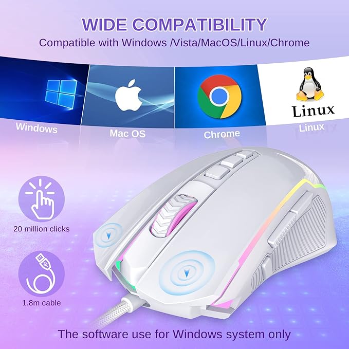 Redragon Gaming Mouse, Wired White Mouse with RGB Backlit, 8000 DPI Adjustable, PC Gaming Mice with 9 Programmable Macro Buttons & Fire Button, PC Gaming Mouse for Windows/Mac, White