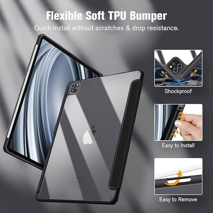Fintie Hybrid Slim Case for iPad Pro 12.9-inch 6th Generation 2022, [Built-in Pencil Holder] Shockproof Cover w/Clear Transparent Back Shell, Also Fit iPad Pro 12.9" 5th/4th/3rd Gen, Black