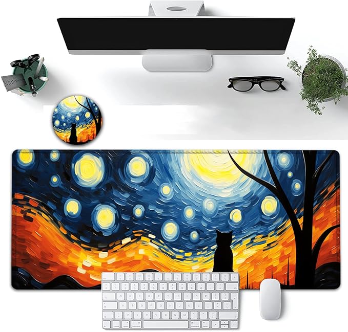Large Mouse Pad, 31.5 x 11.8in Extended Gaming Mouse Pad with Stitched Edges, XXL Mousepad Protector Non Slip Rubber Base for Office and Home Writing Mat, Funy Starry Night Black Cat Pattern Desk Mat