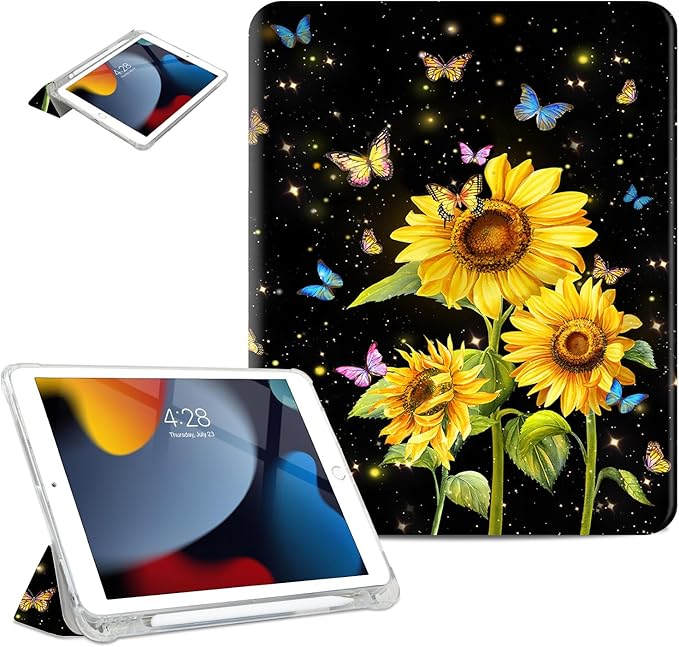 for iPad Air 2/1 Case, for iPad 5Th/6Th Generation Case 2017/2018, Slim Cover for iPad Cases 5th/6Th Generation 9.7-inch, Pencil Holder, 2 Viewing Angles, Typing Stand, Black Sunflower
