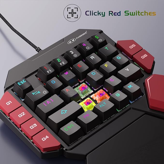 MageGee One Handed Professional Gaming Keyboard, RGB Backlit 35 Keys Mini Wired Mechanical Keyboard with Red Switch for PC Gamer, Support 6 Macro Keys - Black/Red