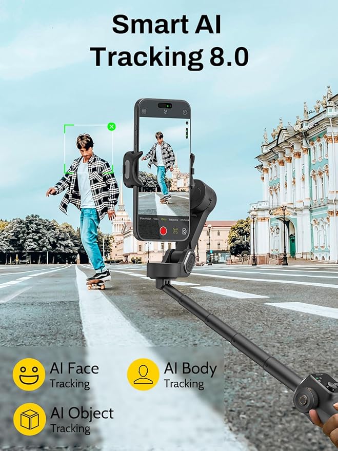 AOCHUAN 3-Axis Gimbal Stabilizer for iPhone, Smartphone Gimbal w/7.8" Extension Rod, Portable Hard Case for Camera, EVA Protective Storage, Magnetic RGB LED Light, 7 Color Temperature, V8 & B30 & L20