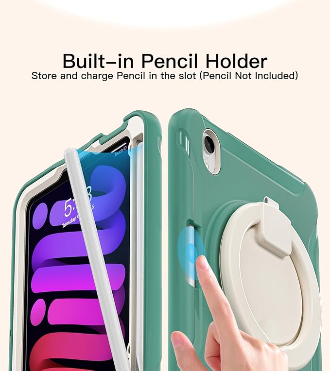 BATYUE Shockproof Case for iPad mini 7 (A17 Pro)/ Mini 6 8.3 inch (2024/2021) - 360° Multi-Angle Stand (Portrait & Landscape) & Grip, Built-in Pencil Holder, Jade Green