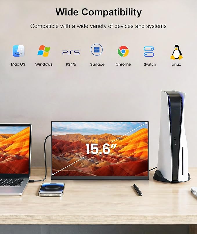 15.6" Laptop Screen Extender, Ultra-Slim FHD 1080P Portable Monitor, Detachable Dual Monitor Travel & Remote Work, Plug and Play for 13"-17.3" Laptops, for Windows/Mac/Android/Chrome