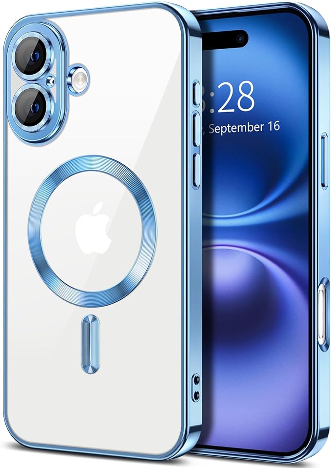 Hython Magnetic Clear for iPhone 16 Case with Camera Lens Protector [Compatible with MagSafe] Luxury Plating Edge Slim Soft TPU Cover Protective Phone Case for iPhone 16 6.1", Light Blue