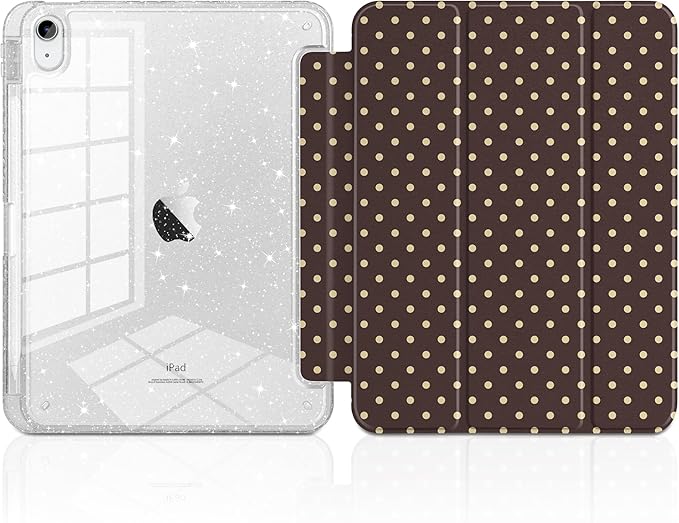 DONGKE for iPad Pro 11 inch Case – Fits M5 2025 / M4 2024, Shockproof Sparkling Glitter Acrylic Back, Pencil Holder, Trifold Stand, Auto Sleep/Wake & Touch ID Support - Brown Polka Dot