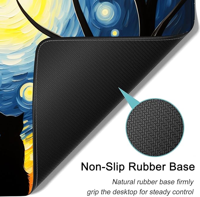 Large Mouse Pad, 31.5 x 11.8in Extended Gaming Mouse Pad with Stitched Edges, XXL Mousepad Protector Non Slip Rubber Base for Office and Home Writing Mat, Funy Starry Night Black Cat Pattern Desk Mat