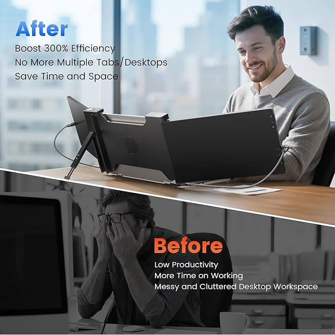 14'' Triple Laptop Screen Extender, 1080P FHD Portable Monitor for 14"-17" Laptop with USB-C/HDMI Port, Plug-Play Monitor Extender for Triple Display for Mac/Windows Remote Work & Multitasking