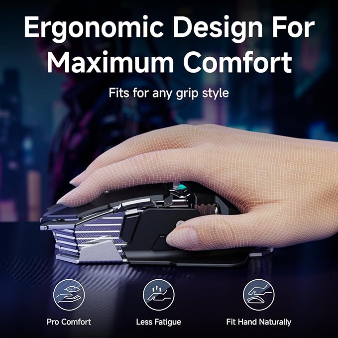 EWEADN G5 Wireless Gaming mouse, 12800 Adjustable DPI Ergonomic Mouse with 6 RGB Backlit Modes, Rapid Fire Key, 9 Programmable Macro Buttons, Rechargeable Bluetooth Mouse for PC/Mac/Laptop - Black