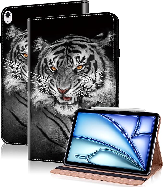 Case for iPad Air 13 inch M4 2026/M3 2025/M2 2024 with Pencil Holder & Card Slots & Auto Sleep, Embossed PU Leather Stand Magnetic Shockproof Cover Case for iPad Air 13 - Black Tiger