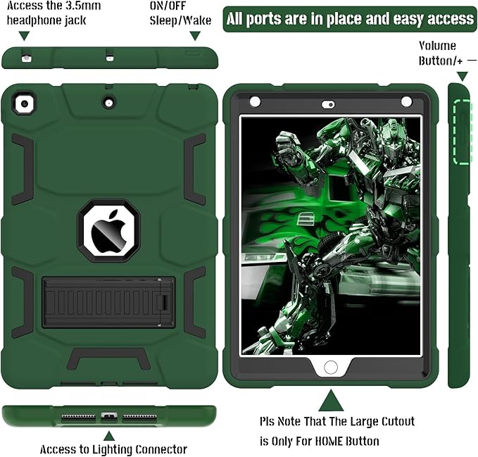 CCMAO for iPad 9th Generation Case, iPad 8th 7th Generation Case, iPad 10.2 Inch 2021/2020/2019 Case, Heavy Duty Rugged Shockproof Protective Cover with Kickstand, Dark Green+Black