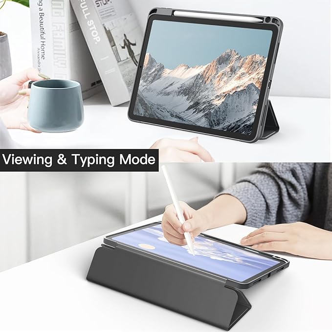 JETech Case ONLY for iPad Air 11-Inch M4/M3/M2 (2026/2025/2024), iPad Air 5/4 (2022/2020 5th/4th) with Pencil Holder, Clear Transparent Back Slim Stand Shockproof Tablet Cover (Dark Grey)