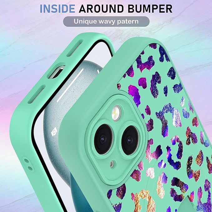 KANGHAR Compatible with iPhone 15 Case, Support for MagSafe, Silicone Cute Iridescent Leopard Cheetah Pattern, Wristband Kickstand Shockproof Protective Slim Cover for Women Girls, Green
