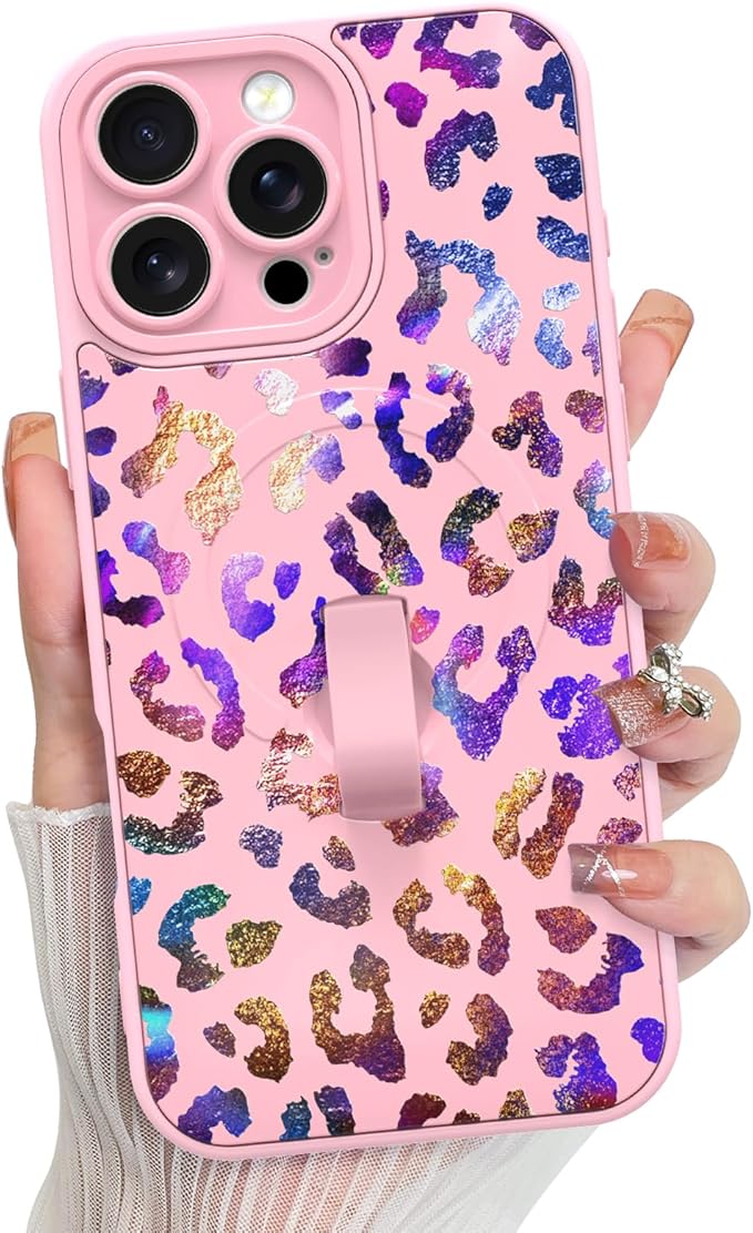 KANGHAR Compatible with iPhone 16 Pro Case, Support for MagSafe, Silicone Cute Iridescent Leopard Cheetah Pattern, Wristband Kickstand Shockproof Protective Slim Cover for Women Girls, Pink