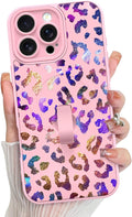 KANGHAR Compatible with iPhone 16 Pro Case, Support for MagSafe, Silicone Cute Iridescent Leopard Cheetah Pattern, Wristband Kickstand Shockproof Protective Slim Cover for Women Girls, Pink