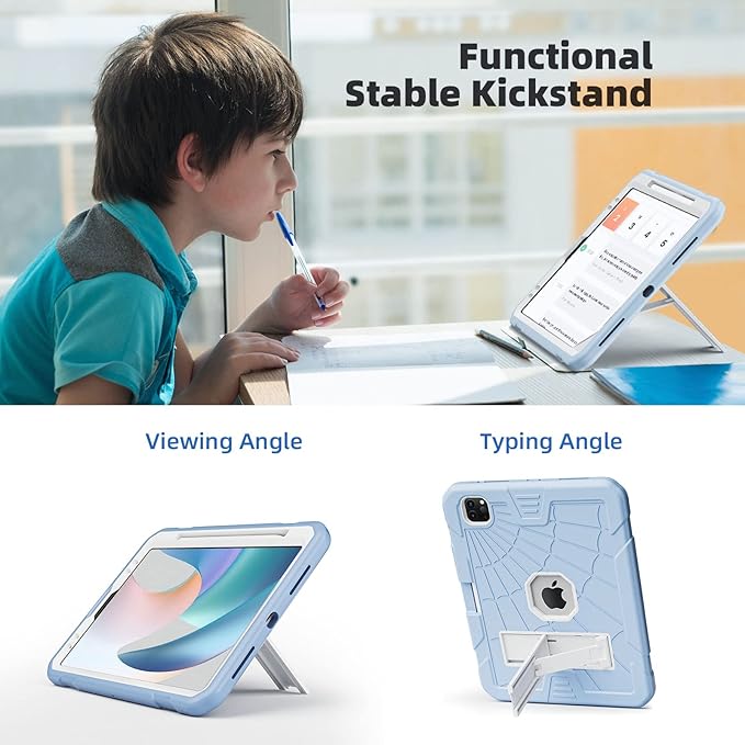 TSQQST Case for iPad Pro 11 Inch 4th/3rd/2nd/1st Generation 2022 2021 2020 2018 with Pencil Holder | Rugged Kids Case with Stand for iPad Pro 11-Ice Blue