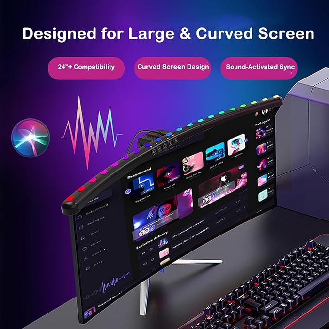 Curved Screen Light Bar Pro – RGB Music-Synced Ambient Lighting for 24”+ Monitors, Anti-Glare Desk Lamp with Touch Control, Stepless Dimming & Heavy-Duty Clamp