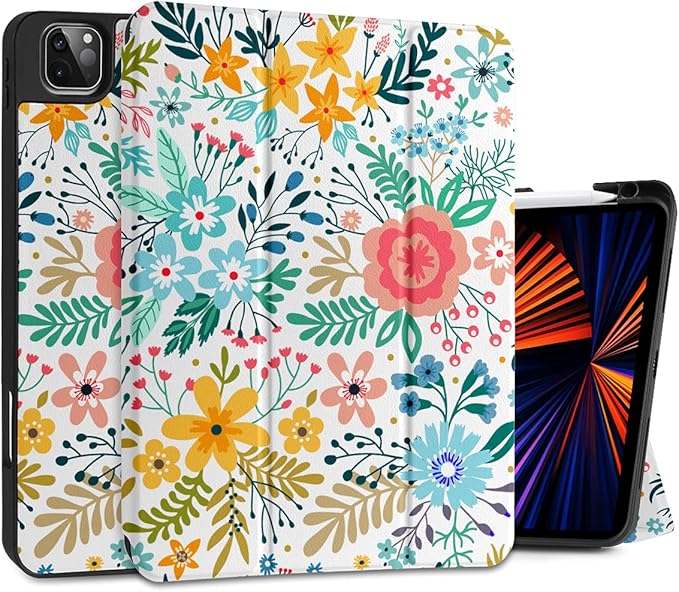 DONGKE Case for iPad Pro 11 inch (4th, 3rd, 2nd & 1st Gen) 2022 2021 2020 2018, Trifold Stand + Pencil Holder + Auto Wake/Sleep + Soft TPU Protective Stand Back Cover, Flower