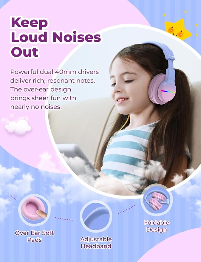 iClever BTH12 Kids Bluetooth Headphones,Colorful LED Lights,74/85dBA Safe Volume,85H Playtime,Fast Charging,Bluetooth 5.2,Over Ear Kids Headphones Wireles for iPad/Tablet/Airplane, Gradient Pink