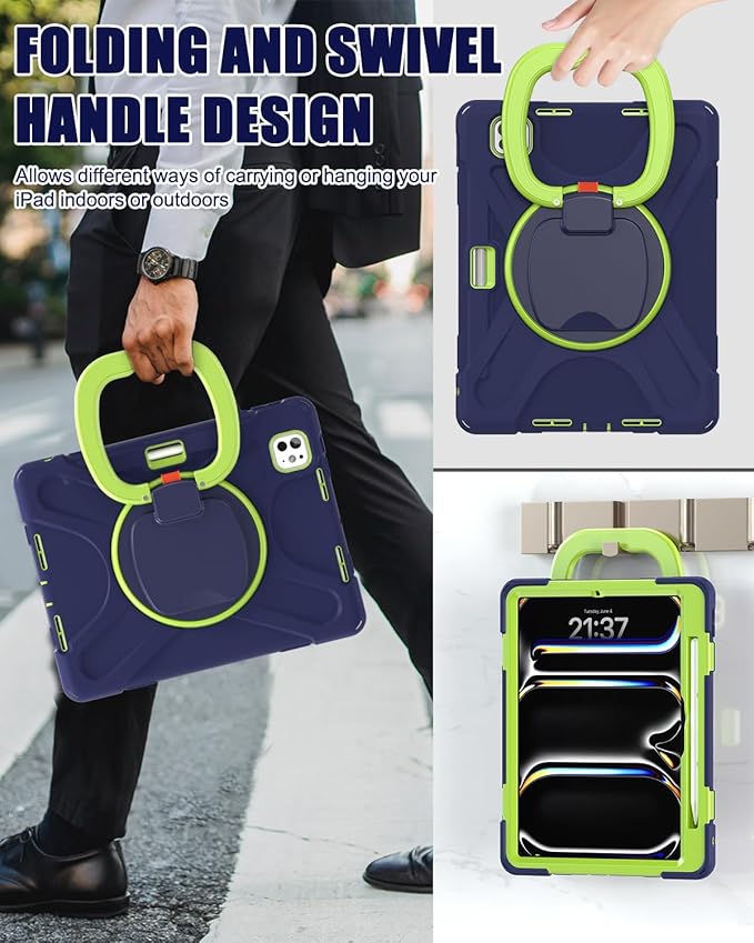 BRAECN for iPad Pro 11 Inch Case (M5/M4) 2025/2024, Shockproof Silicone Cover with Built-in Screen Protector, Multiple Adjustable Viewing Angles, Shoulder Strap, Handle Grip, Pencil Holder, Navy Green