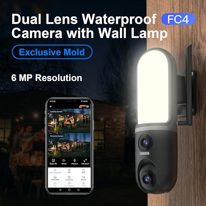 EVERSECU Dual Lens Waterproof Wall Light Camera, 3K Video, 1200LM Floodlight, 2 Way Audio, PTZ Auto Tracking, Support ONVIF & RTSP & Alexa, Cloud/SD Storage, Outdoor Wired WiFi Security Camera