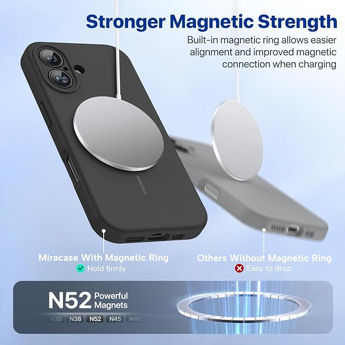 Miracase Magnetic for iPhone 16 Plus Case, [Soft Anti-Scratch Microfiber Lining], Compatible with MagSafe, Liquid Silicone Shockproof Drop Protection Phone Case for 16 Plus,Black