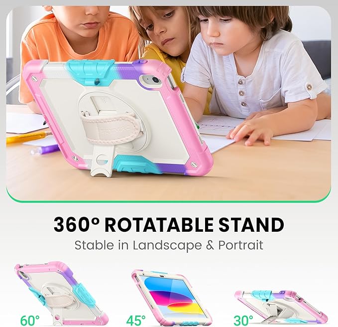 SEYMAC Case for iPad (A16) 11th/10th Generation 2025/2022 (11″/10.9″), Sturdy Heavy Duty Full-Body Shockproof Protective Case with Screen Protector, Rotating Stand, Hand/Shoulder Strap, Colorful/Pink