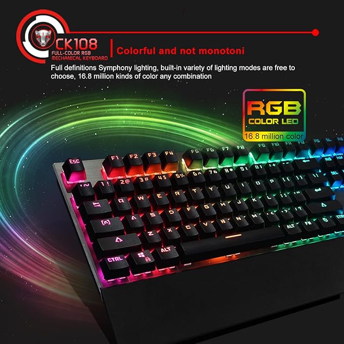 MOTOSPEED CK108 RGB LED Backlit Wired Mechanical Gaming Keyboard, 108 Keys Hot-Swap Mechanical Keyboard w/Aluminum Base, Upgraded Socket and Noise Absorbing Foams, Soft Tactile Red Switch ﻿