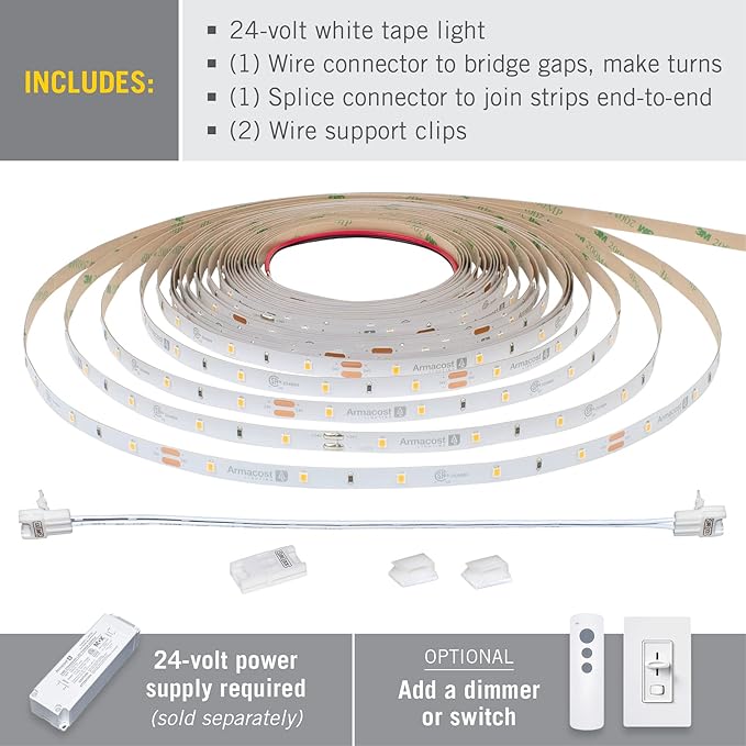 Armacost Lighting RibbonFlex Pro 24V White LED Strip Lights 30 LED/m, 3000K, 32.8 ft 144250
