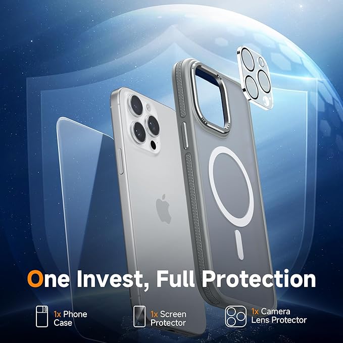 Magnetic 3 in 1 for iPhone 15 Pro Case, [Omni-Directional Protection] with 1x Screen Protector + 1x Camera Cover, [Seamless Work with Magsafe] Protective Silm Case for iPhone 15 Pro Light Gray