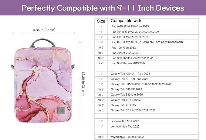 Dadanism 9-11 Inch Tablet Sleeve Bag Carrying Case with Shoulder Strap for iPad (A16) 11", iPad 10th Gen 10.9", iPad Air M4/Pro M5 11", iPad 9/8/7th 10.2", Galaxy Tab A11+ Plus 11", Cloudy Pink