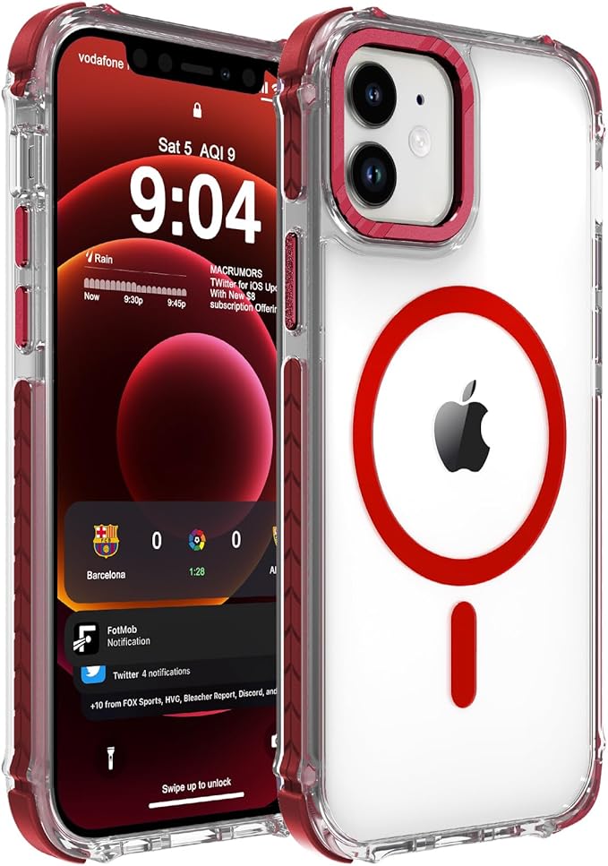 DEERLAMN Strong Magnetic Case for iPhone 12/12 Pro 6.1-Inch,[Compatible with Magsafe][Military Grade Drop Protection] Clear Slim Shockproof Protective Phone Cover-Transparent+Red