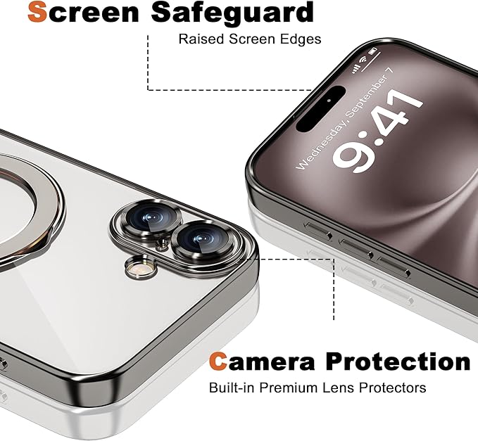 Compatible with iPhone 16 Plus Case with Invisible Magnetic Ring Stand [Compatible with Mag-Safe] [Full Camera Lens Protector] Plating Clear Phone Case for iPhone 16 Plus 6.7", Grey