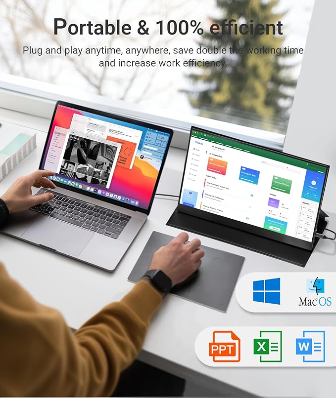 Ingnok Portable Monitor, 15.6inch FHD 1080P Travel Monitor, Ultra-Thin, USB-C Plug&Play, Built-in Speakers, Portable Screen for Laptop, Mac, Switch/PS5, Travel&Office Assistant