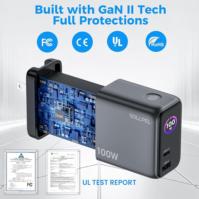 Retractable 100W USB C Charger, 3-Port GaN Fast Phone Charger with Smart Display & Touch Control, Foldable Wall Charger for iPhone 17/16, MacBook Pro/Air, iPad & More (Built-in Cable)