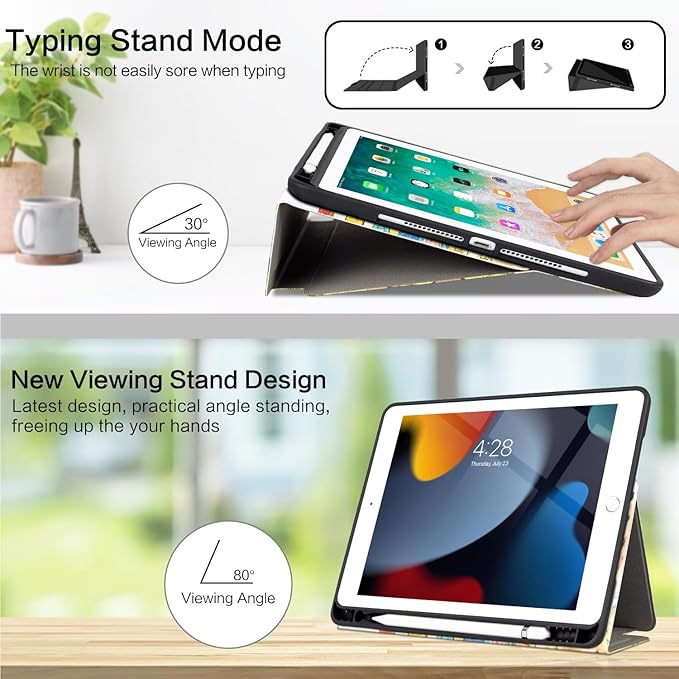 Vimorco for iPad 9th/8th/7th Generation Case 10.2 Inch, for iPad Air 3rd Generation Case 10.5-inch, for iPad Pro 10.5 Inch Cases Pencil Holder/4 Viewing Stands/Typing Stand/Slim, Flower Garden