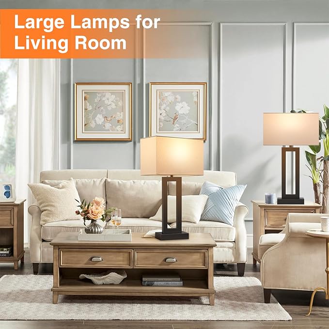 Seealle 22" Tall Living Room Lamps for Night Stands - Touch Bedside Lamp with USB C+A, 3 Way Dimmable Bedroom Lamps for End Tables Set of 2, Modern Night Stand Lamps for Bed Side(White&Black)
