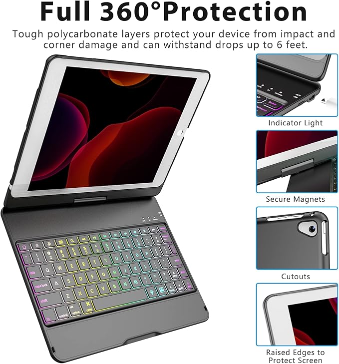 MMK for iPad 6th Generation Case with Keyboard | Compatible with iPad 5th Gen (2017) & iPad Air (1st, 2th Gen | 2013, 2014) & iPad Pro 9.7 inch (2016) | 10 Color Backlight & 360 Rotation-Black