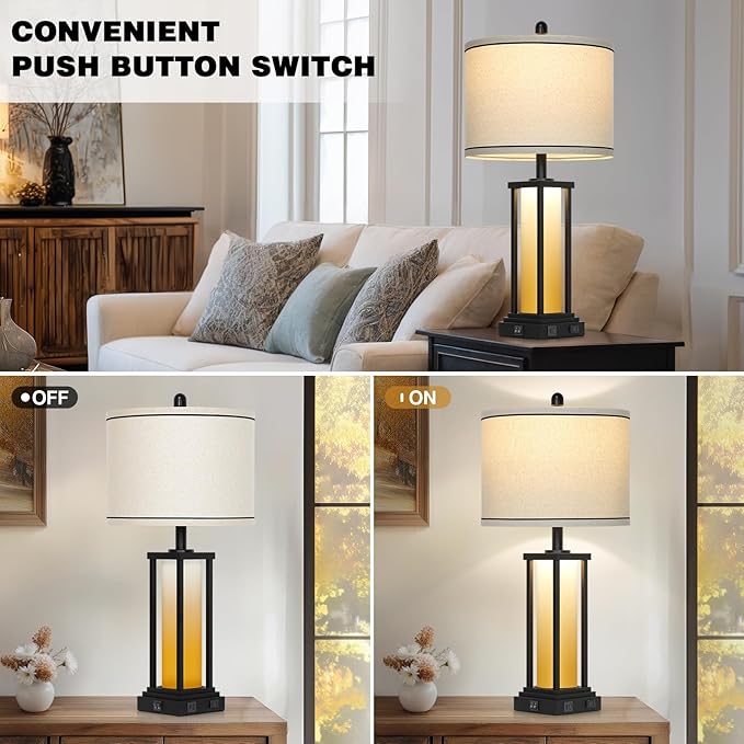 27in Tall Farmhouse Table Lamp Set of 2 with USB C+A & Outlet,Orange Industrial End Table Lamp for Living Room,Vintage Rustic Bedside Lamps with Night Light for Bedroom Nightstand