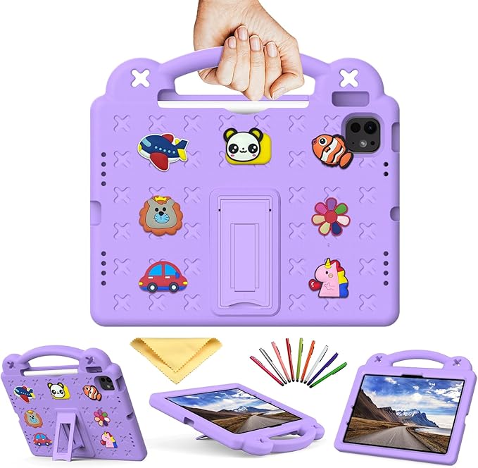 for iPad Air 11 inch Kids Case M3/M2 (2025/2024) & iPad Pro 11 Inch M4 Case 2024 with Pencil Holder/Handle/Kickstand Cute DIY Soft Shockproof Stand Lightweight Tablet Cover, Light Purple Bear