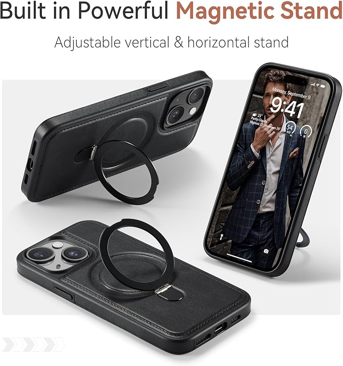 for iPhone 14 Case with Stand Compatible with Magsafe Slim PU Leather & Durable TPU Drop Proof Magnetic Kickstand Protective Phone Cover with Tempered Glass Screen Protector 6.1", Black