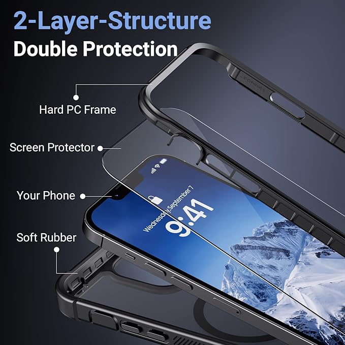 Magnetic for iPhone 13 Pro Max Case,[Screen Protector] [Compatible with MagSafe][Military Grade Drop Protection][Heavy Duty Protection][Shockproof] 2-Layer Durable Bumper Phone Case 6.7"-Black