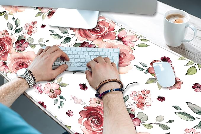 XXL Waterproof Office Desk Pad Protector 35.4x15.7 Inch - Extended Gaming Mouse Pad with Non-Slip Rubber Base, Thickened Keyboard Mat, Stitched Edges & Peony Flowers Design